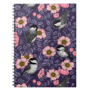 Chickadees in the wild rose in pink and violet not notebook