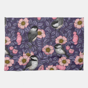 Chickadees in the wild rose in pink and violet tea towel
