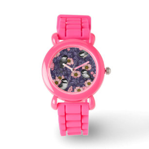 Chickadees in the wild rose in pink and violet watch