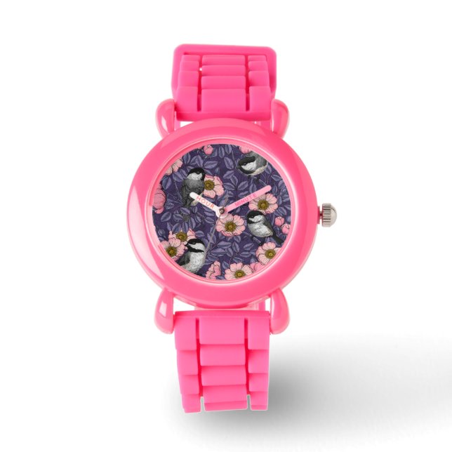 Chickadees in the wild rose in pink and violet watch (Front)