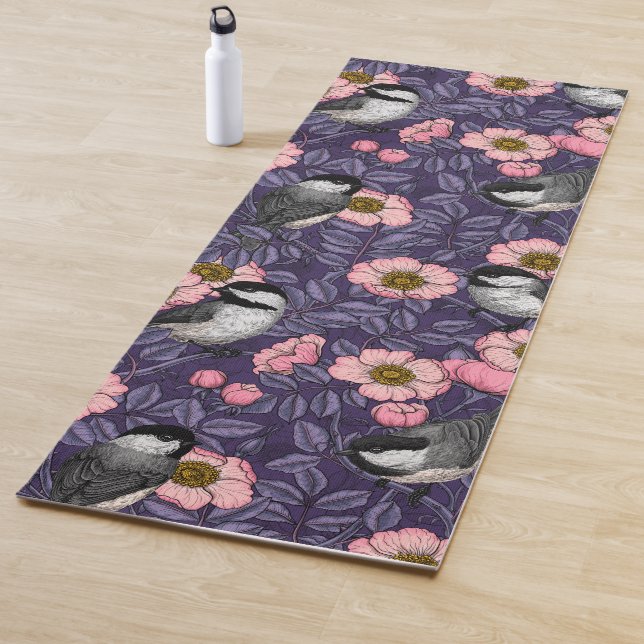 Chickadees in the wild rose in pink and violet yoga mat (In Situ)