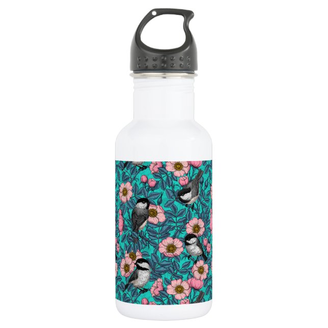 Chickadees in the wild rose, pink and blue 532 ml water bottle (Front)
