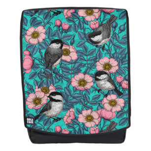Chickadees in the wild rose, pink and blue backpack