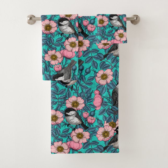 Chickadees in the wild rose, pink and blue bath towel set (Insitu)