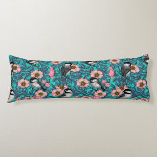 Chickadees in the wild rose, pink and blue body cushion