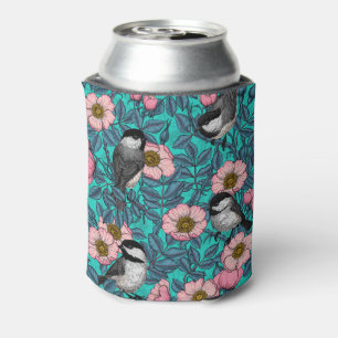 Chickadees in the wild rose, pink and blue can cooler