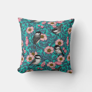 Chickadees in the wild rose, pink and blue cushion