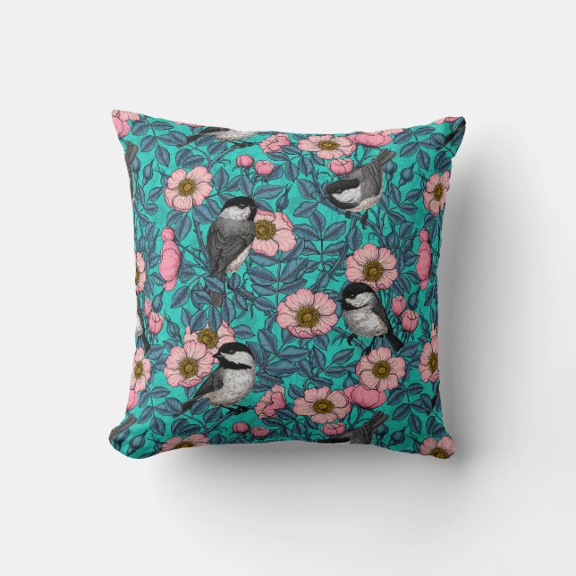 Chickadees in the wild rose, pink and blue cushion (Front)