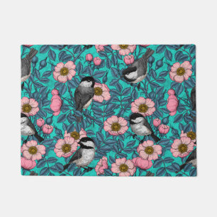 Chickadees in the wild rose, pink and blue doormat