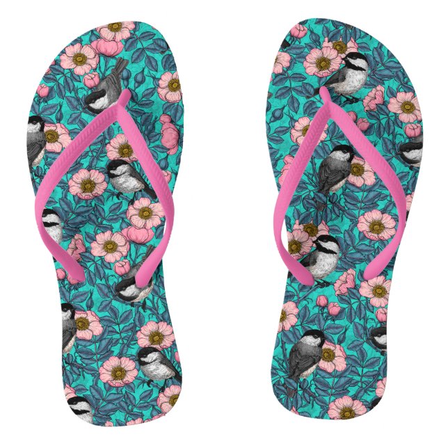 Chickadees in the wild rose, pink and blue flip flops (Footbed)