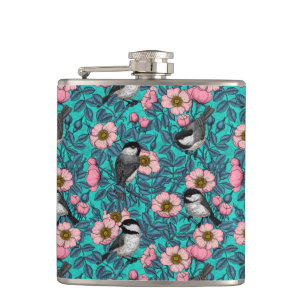 Chickadees in the wild rose, pink and blue hip flask