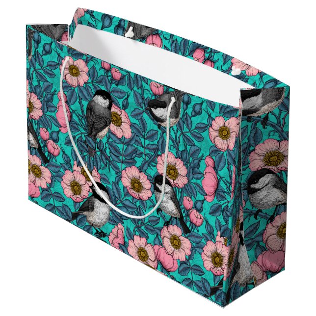 Chickadees in the wild rose, pink and blue large gift bag (Back Angled)