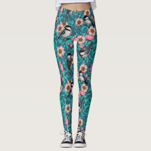 Chickadees in the wild rose, pink and blue leggings