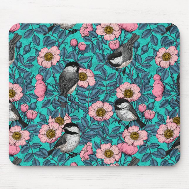 Chickadees in the wild rose, pink and blue mouse mat (Front)