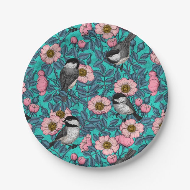 Chickadees in the wild rose, pink and blue paper plate (Front)
