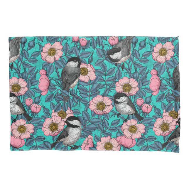 Chickadees in the wild rose, pink and blue pillowcase (Front)