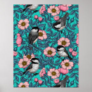 Chickadees in the wild rose, pink and blue poster