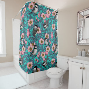 Chickadees in the wild rose, pink and blue shower curtain