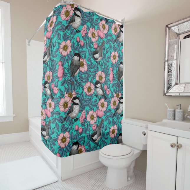Chickadees in the wild rose, pink and blue shower curtain (In Situ)