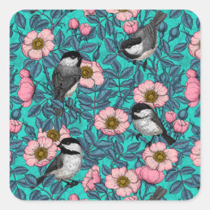 Chickadees in the wild rose, pink and blue square sticker