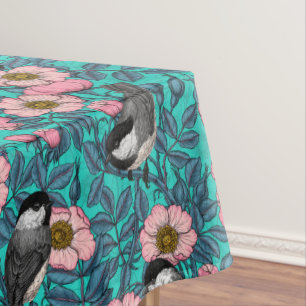 Chickadees in the wild rose, pink and blue tablecloth