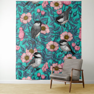 Chickadees in the wild rose, pink and blue tapestry