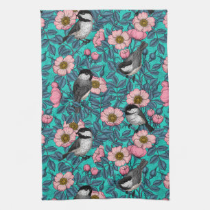 Chickadees in the wild rose, pink and blue tea towel