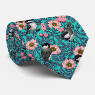 Chickadees in the wild rose, pink and blue tie