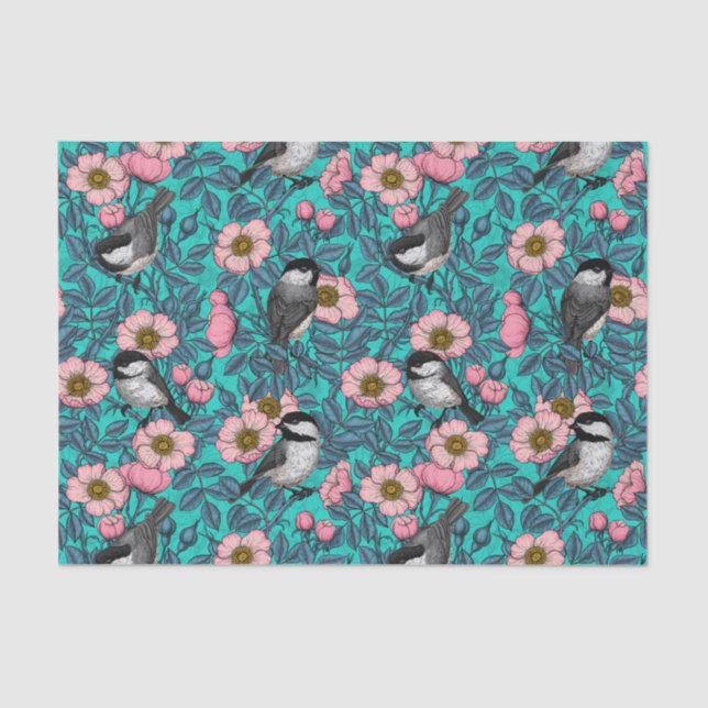 Chickadees in the wild rose, pink and blue tissue paper (Front)