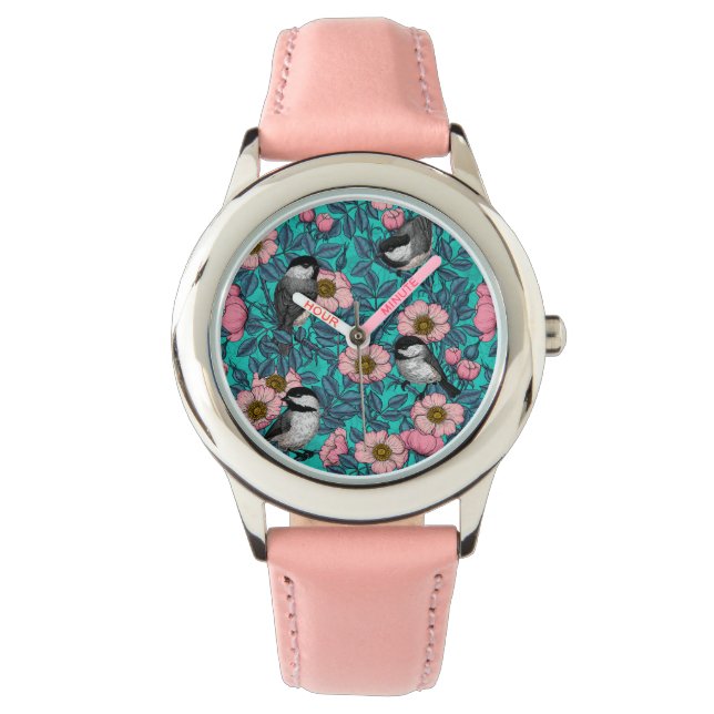 Chickadees in the wild rose, pink and blue watch (Front)