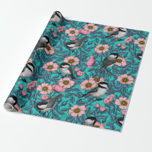 Chickadees in the wild rose, pink and blue wrapping paper