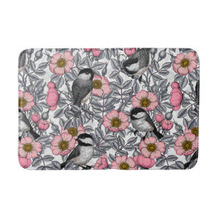 Chickadees in the wild rose, pink and gray bath mat