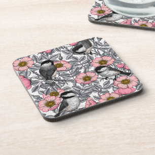 Chickadees in the wild rose, pink and gray coaster