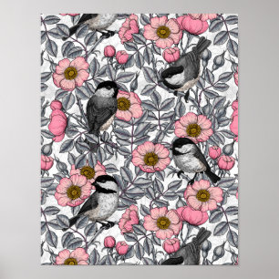 Chickadees in the wild rose, pink and gray poster