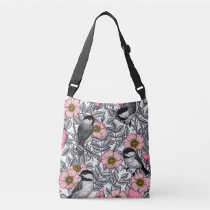 Chickadees in the wild rose, pink and grey crossbody bag
