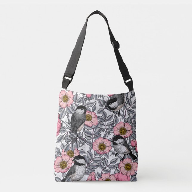 Chickadees in the wild rose, pink and grey crossbody bag (Front)
