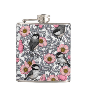 Chickadees in the wild rose, pink and grey hip flask
