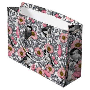 Chickadees in the wild rose, pink and grey large gift bag