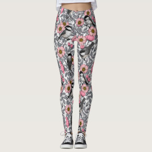 Chickadees in the wild rose, pink and grey leggings