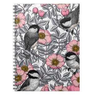 Chickadees in the wild rose, pink and grey notebook