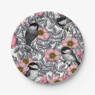 Chickadees in the wild rose, pink and grey paper plate