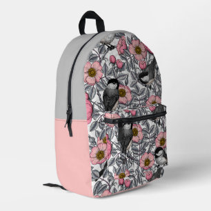 Chickadees in the wild rose, pink and grey printed backpack