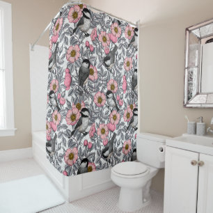 Chickadees in the wild rose, pink and grey shower curtain