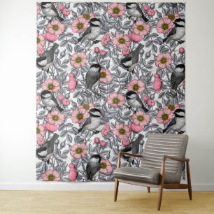 Chickadees in the wild rose, pink and grey tapestry
