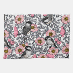 Chickadees in the wild rose, pink and grey tea towel