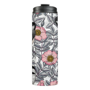 Chickadees in the wild rose, pink and grey thermal tumbler