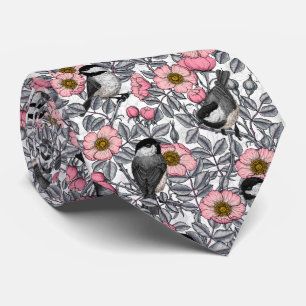 Chickadees in the wild rose, pink and grey tie