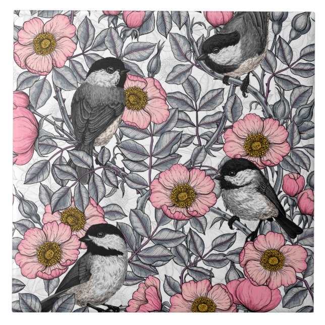 Chickadees in the wild rose, pink and grey tile (Front)