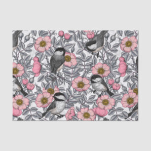 Chickadees in the wild rose, pink and grey tissue paper