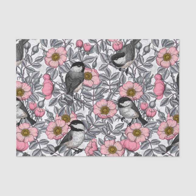 Chickadees in the wild rose, pink and grey tissue paper (Front)